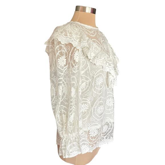 Flying Tomato White Lace Blouse Size M Ruffle Floral Embroidery Cottage Romantic - Picture 2 of 8